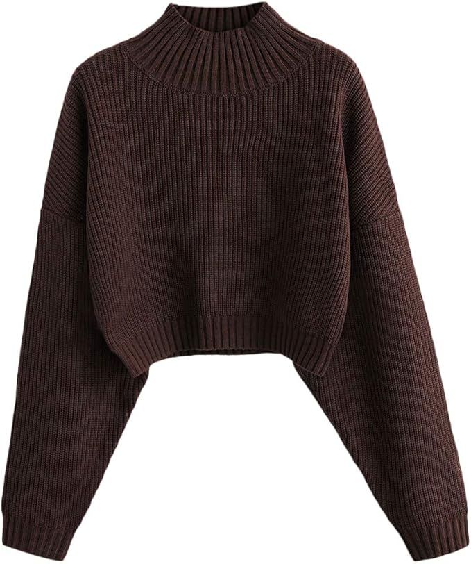 ZAFUL Women's High Neck Lantern Sleeve Ribbed Knit Pullover Crop Sweater Jumper | Amazon (US)