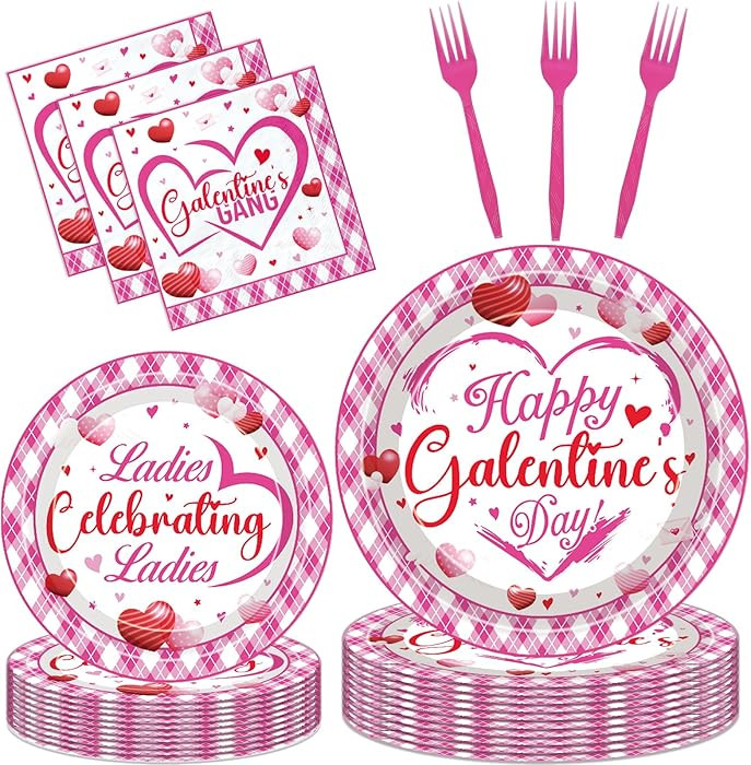 Galentines Day Decorations for Party - 96 Pcs Pink Disposable Paper Dessert Plates Napkins Forks ... | Amazon (US)