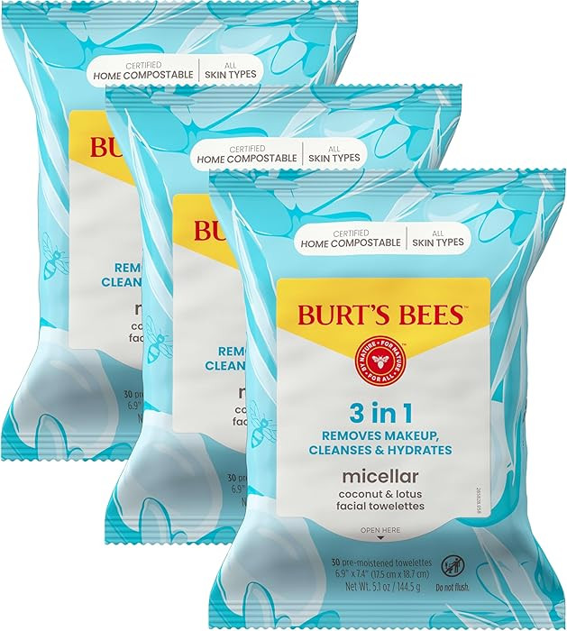 Face Wipes, Burt's Bees Facial Cleansing, Makeup Remover Towelettes, 3 in 1 Hydrating Micellar Cl... | Amazon (US)