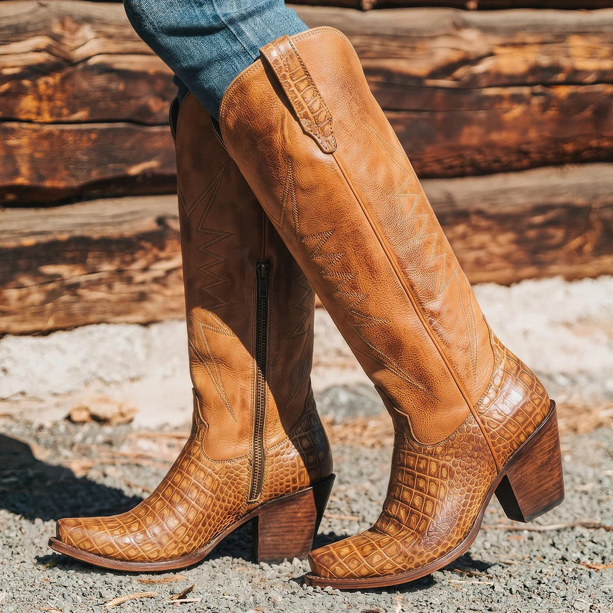 BAMBI Women's Leather Boots Tan Croco Multi | Freebird Stores | Shop Women's Western Embossed Boo... | Freebird