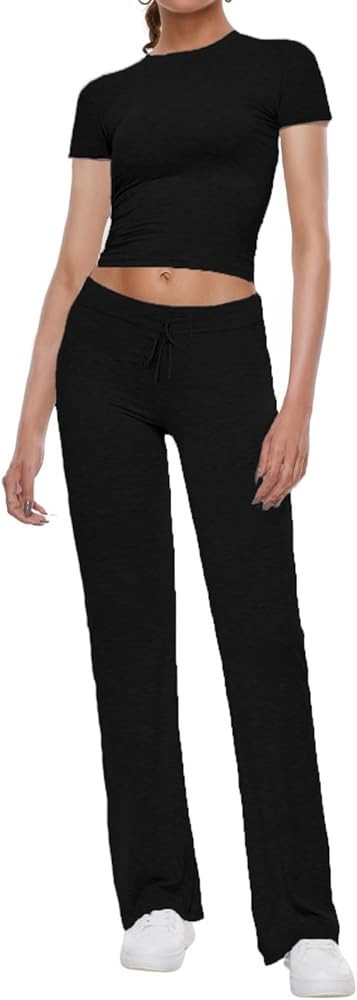AnotherChill Women's 2 Piece Lounge Sets Straight Leg Pants Set Short Sleeve Crop T-shirt Casual ... | Amazon (US)