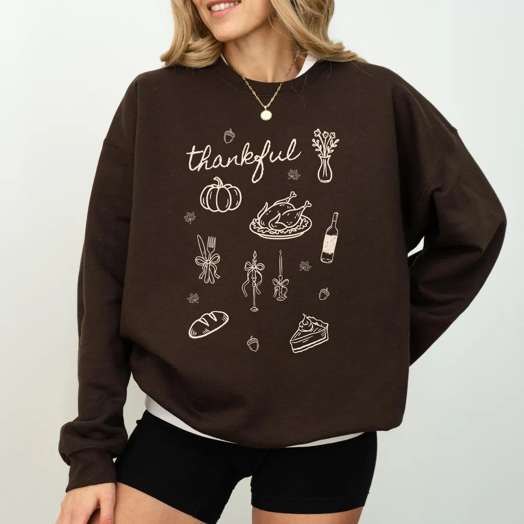 Thankful Sweatshirt, Thanksgiving Turkey Graphic Fall Crewneck, Women's Oversized Pullover, Women... | Etsy (US)