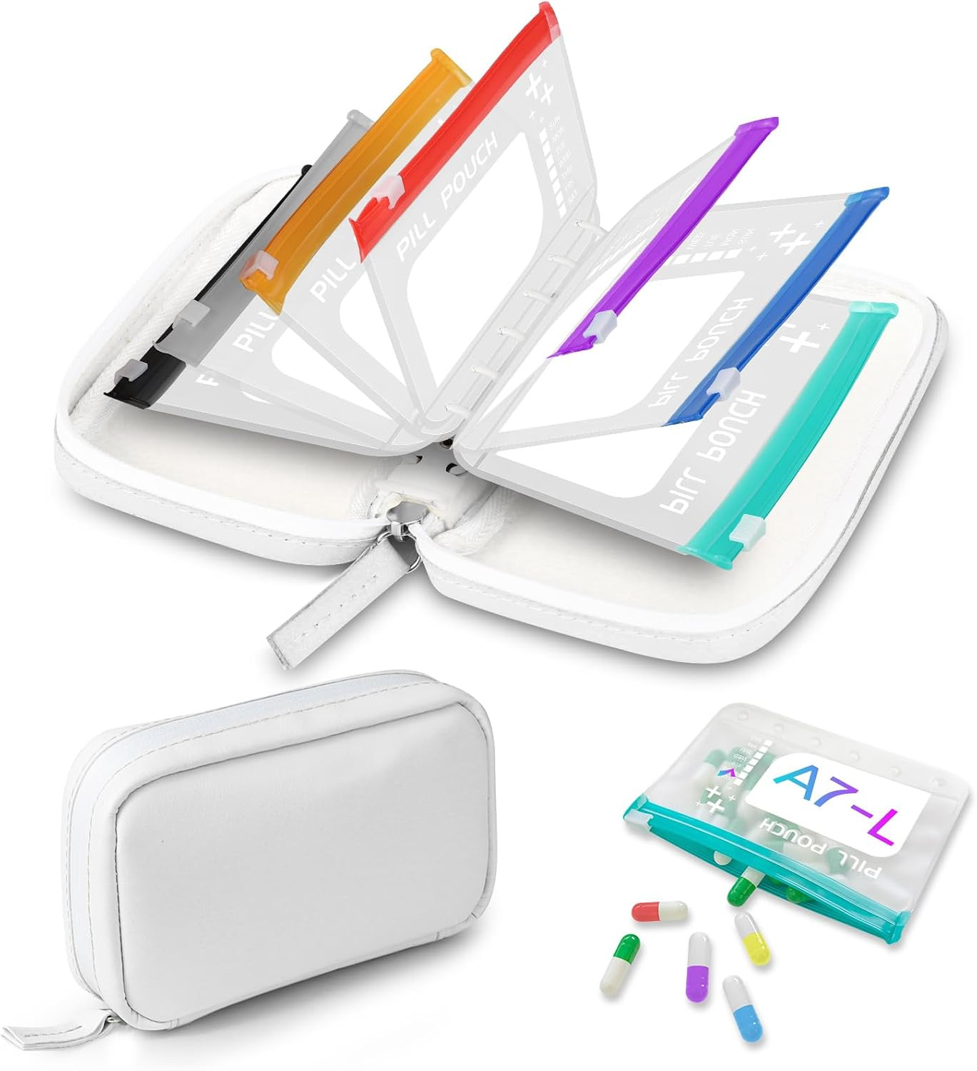A7 Waterproof Pill Organizer with 7 PCS L Size Zippered Pill Pouches for A7 Binder, Large BPA-Free Weekly Medicine Organizer, Color-Coded Reusable Travel Pill Storage System | Amazon (US)