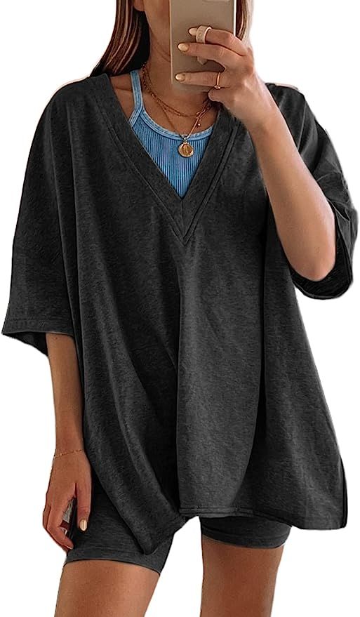 Lianlive 2 Piece Outfits Women's Oversized T-Shirts Biker Short Sets Hot Shot Reversible Set | Amazon (US)