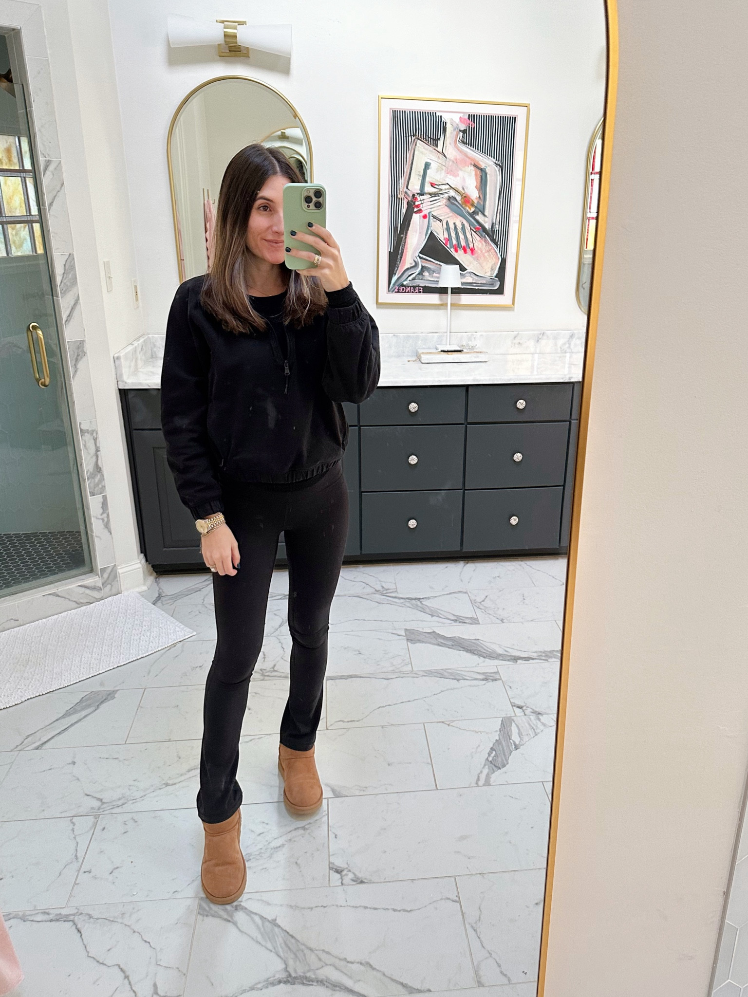 Ignore the toddler hand print mirror 🤪 what I’m wearing today to grocery shop, clean, and prep for the week! getting my moneys worth out of these leggings 👏🏻 wearing my true size in the regular length  

#LTKSeasonal #LTKfindsunder100 #LTKfindsunder50