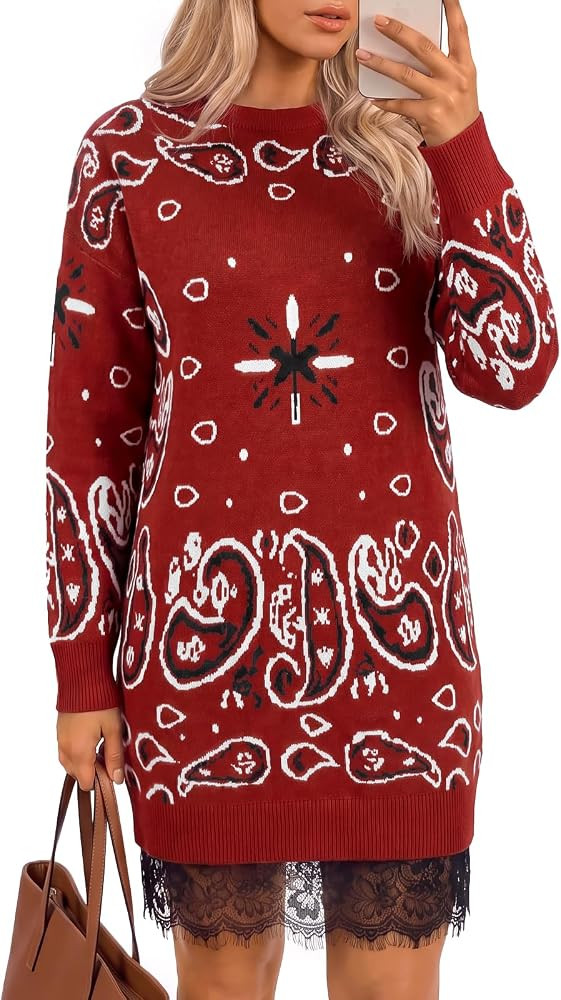 Wenrine Womens Fall Long Sleeve Lace Casual Knit Sweater Mini Dress | Amazon (US)