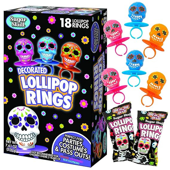 Halloween Day of the Dead Sugar Skull Lollipop Rings,7.61 ounce, Box of 18 | Amazon (US)