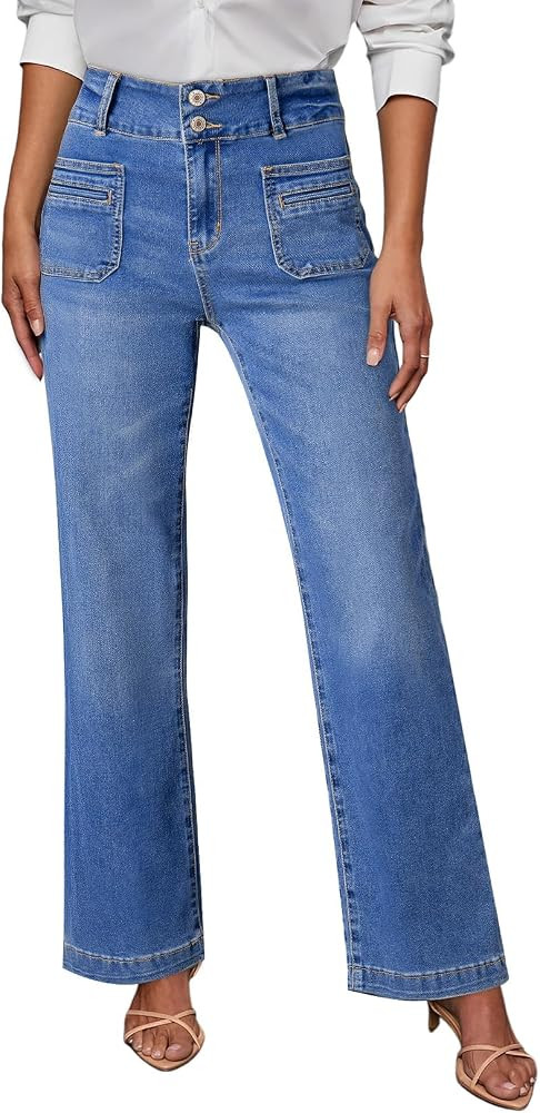 Sidefeel Women's Wide Leg Jeans High Waisted Tummy Control Stretchy Pockets Front Straight Leg Je... | Amazon (US)
