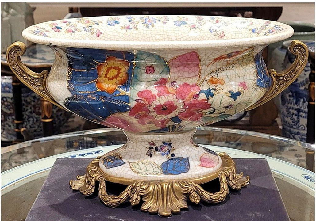 Porcelain Hand Painted Tobacco Leaf Planter/Compote. Bronze Handles, Base-12"L | eBay US