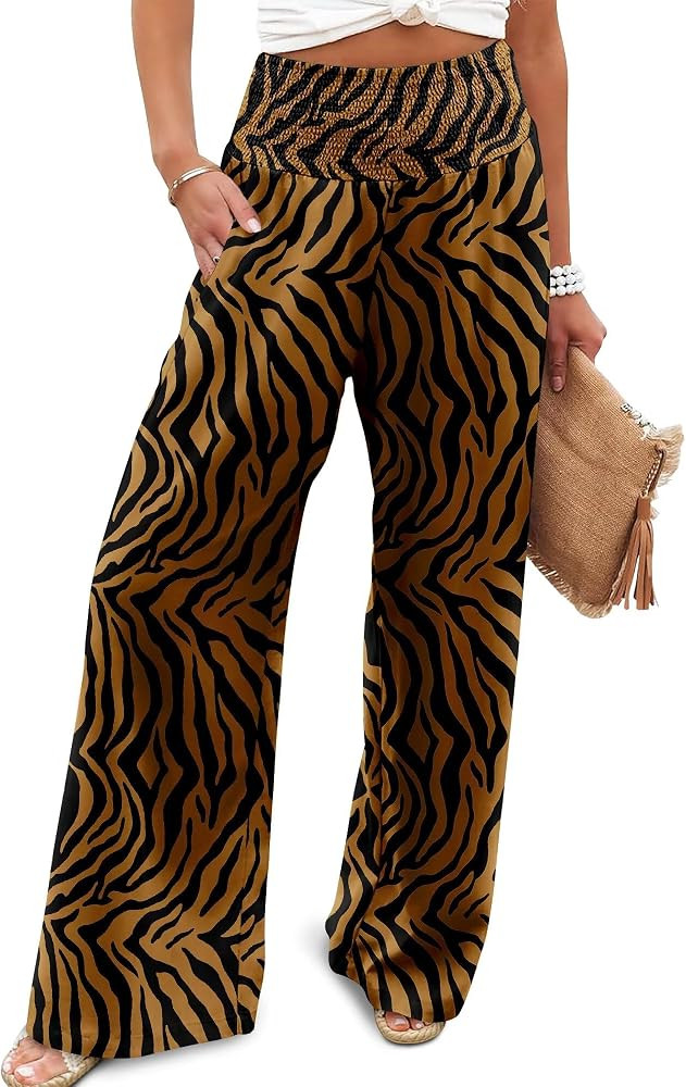 JZC Womens Wide Leg Pants Elastic High Waisted Palazzo Pants Summer Flowy Casual Trousers Beach T... | Amazon (US)