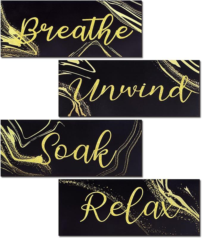 maxkes 4 Pcs Bathroom Wall Art Wooden Hanging Signs Relax Soak Unwind Breathe, Black and Gold Bat... | Amazon (US)