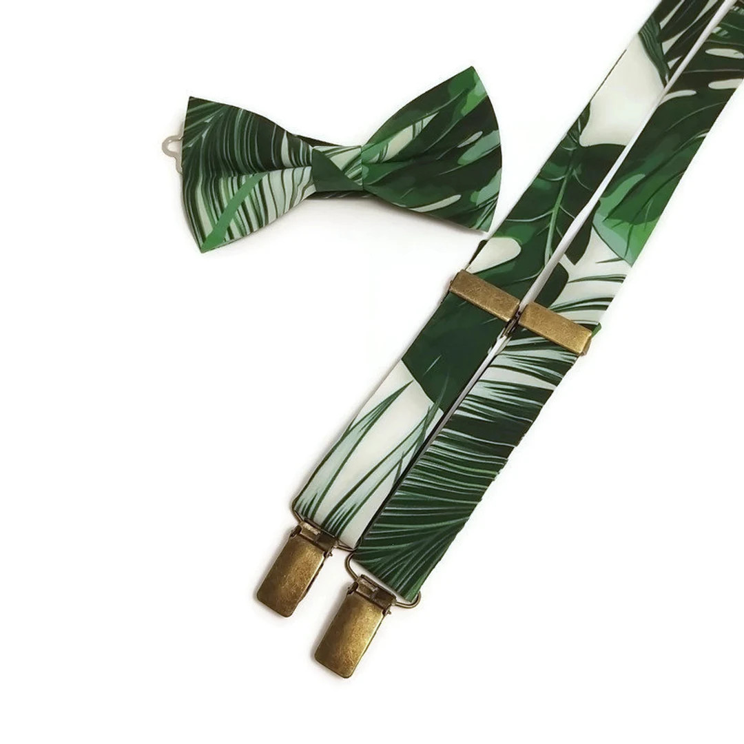 Beach wedding bowtie Tropical Palm trees leaves Monstera botanical print bowtie skinny tie braces bo | Etsy (US)