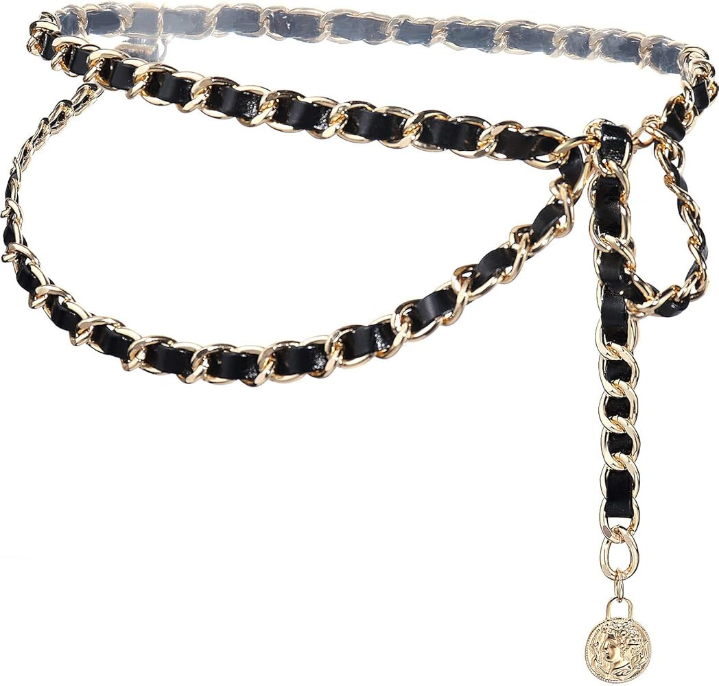 Glamorstar Leather Chain Belts Layered Metal Waist Belt for Women Ladies Dresses | Amazon (US)