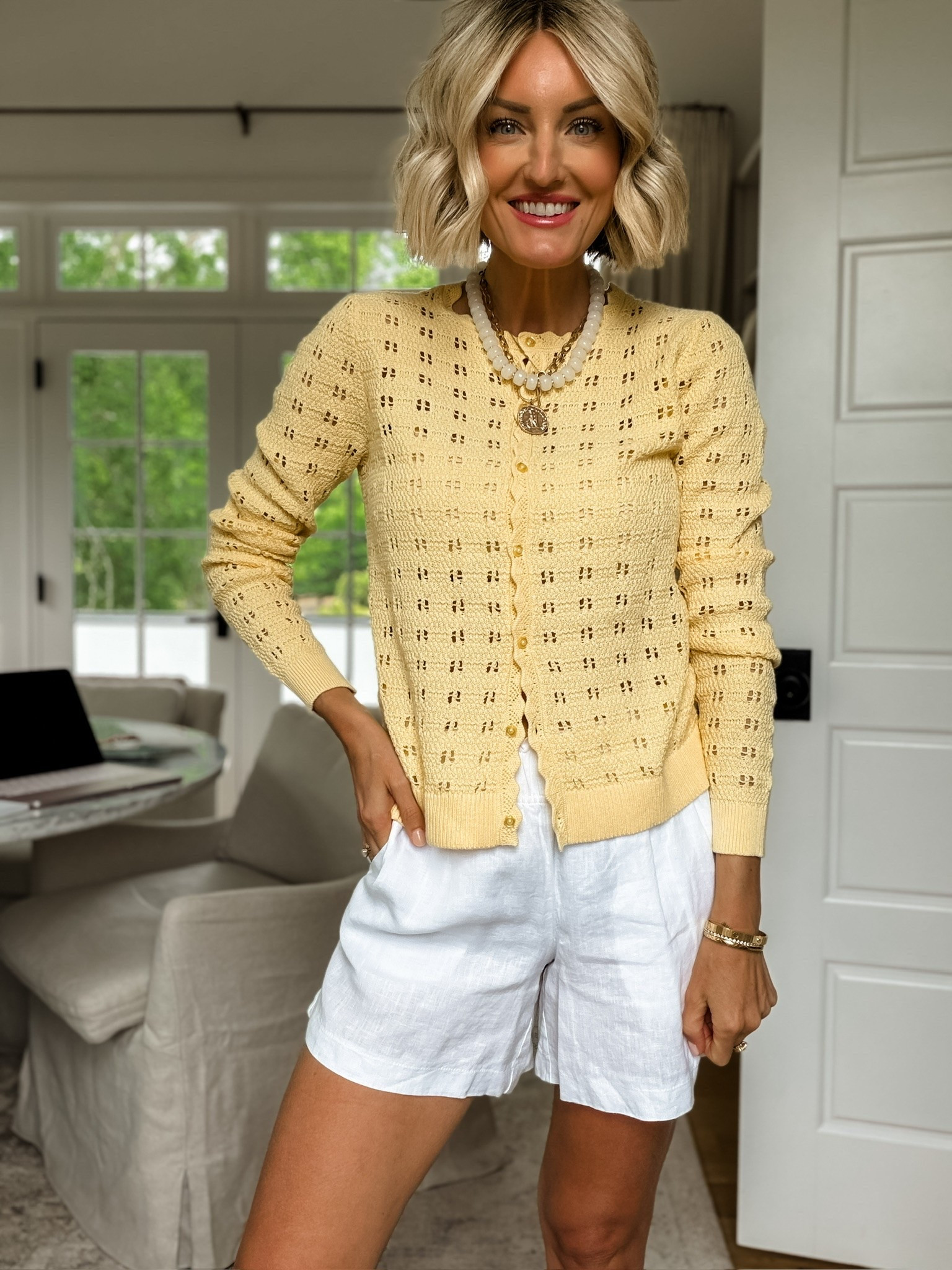 Okay this butter yellow Pointelle cardigan is so cute! This scalloped trim and all the details make this such a versatile piece. You can dress this up or down so easily, I love pairing with classic white linen shorts. Wearing XS in shorts and S in cardigan. 

Loverly grey, quince, how to style linen shorts, butter yellow, spring outfit ideas, brunch outfit inspo, affordable women’s style finds

#LTKmomlife #LTKSeasonal #LTKootd