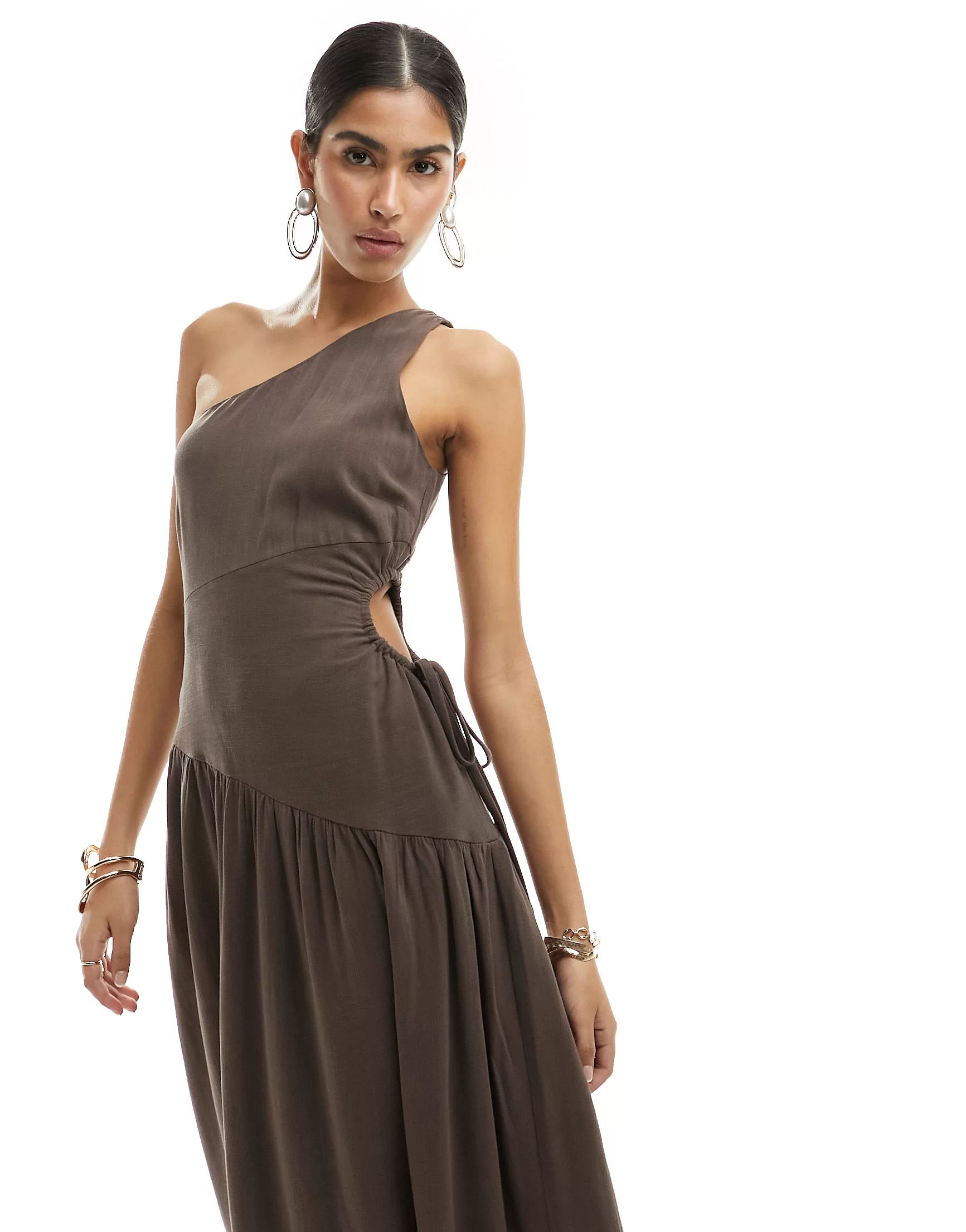 4th & Reckless linen mix one shoulder dropped hem side cut out midaxi dress in brown | ASOS | ASOS (Global)
