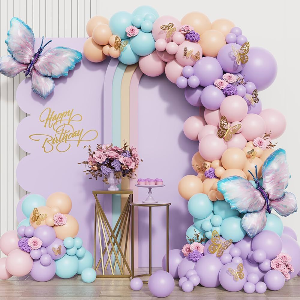Butterfly Birthday Decorations 150pcs Purple Blue Butterfly Pastel Balloon Garland Arch Kit with ... | Amazon (US)