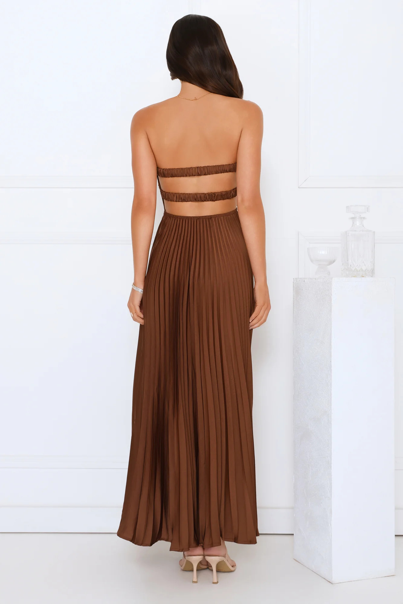 Vibes Are Priceless Strapless Satin Pleated Maxi Dress Brown | Hello Molly (US)