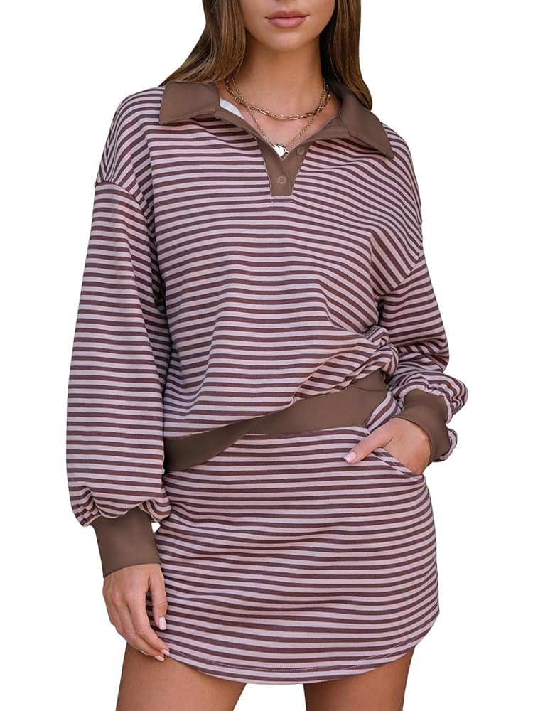 EXLURA Women Fall Two Piece Sets Cotton Striped Set Sweatshirt Matching Skort Skirt Sweatsuits Wo... | Amazon (US)
