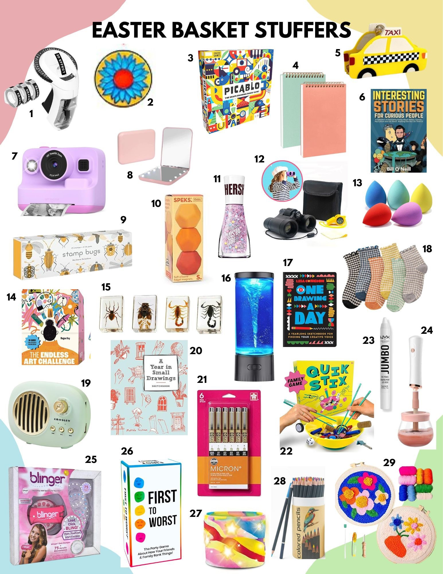 Found so many new fun things this year for Easter Baskets that will actually be used and loved—no useless crap just to fill a basket. 