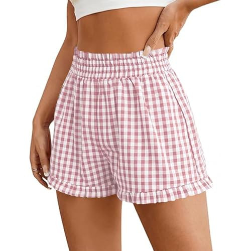 Boxer Shorts for Women Gingham Elastic Waist Ruffle Hem Beach Shorts Casual Summer Plaid Pajama Bottoms Y2k Pajamas Boho Black and White Checkered Short Lightweight Board Bermudas para Mujer Pink | Amazon (US)