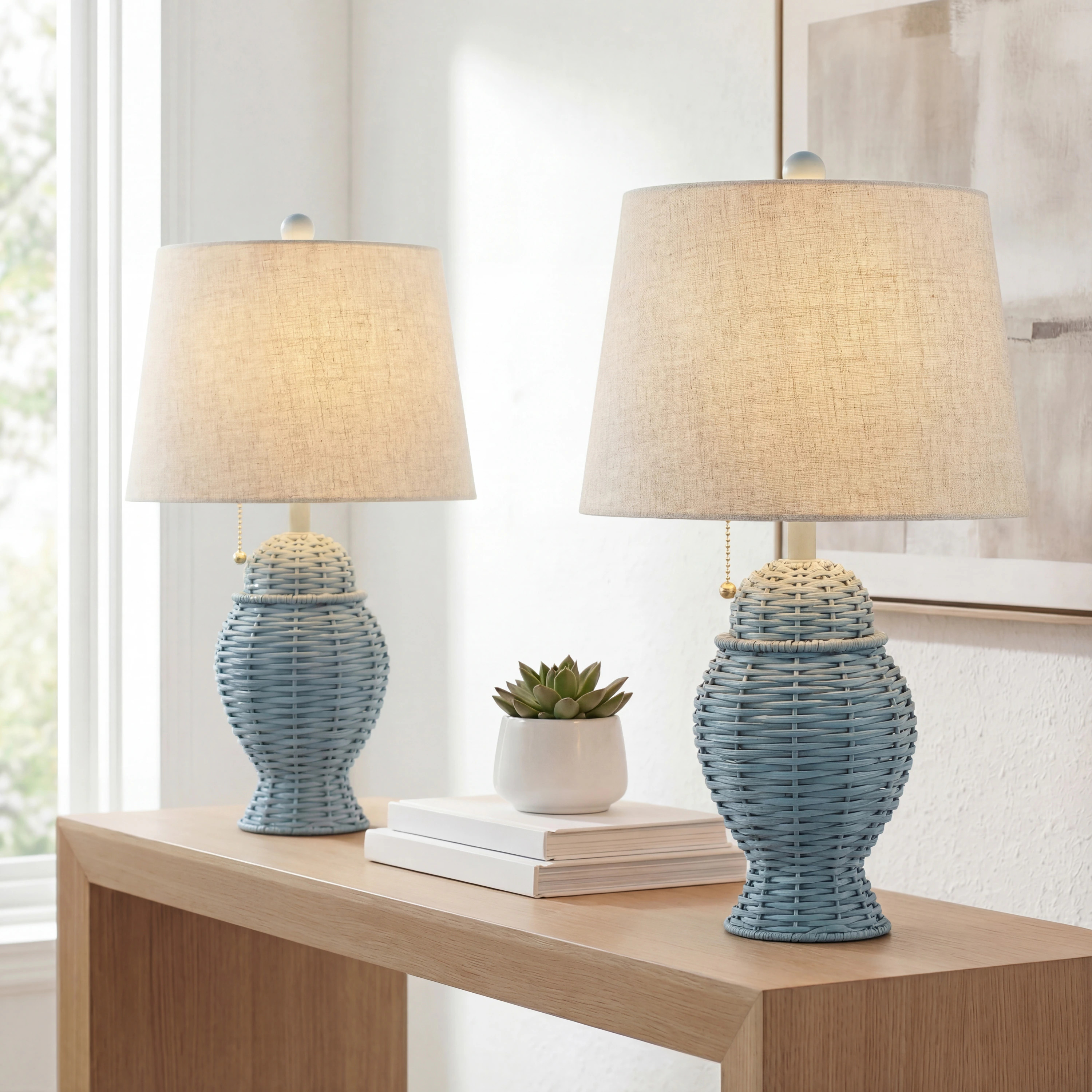 JONATHAN Y Margie Iron/Wicker Bohemian Rustic 20.5-in Blue LED Pull-chain Table Lamp with Linen Shade 2 -Set one_size | JYL4041B-SET2 | Lowe's
