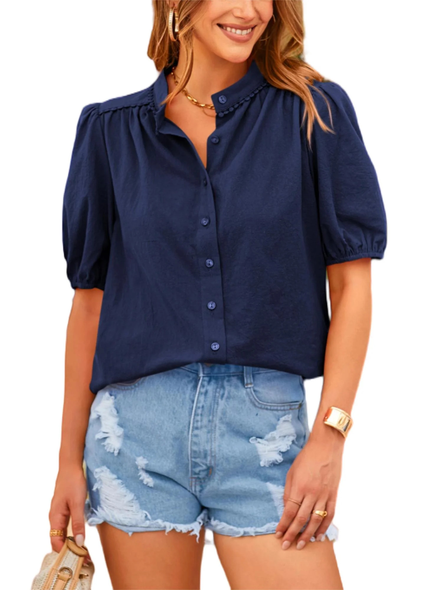 PRETTYGARDEN Women's Summer Button Down Shirts Short Lantern Sleeve V Neck Cotton Cute Dressy Cas... | Walmart (US)