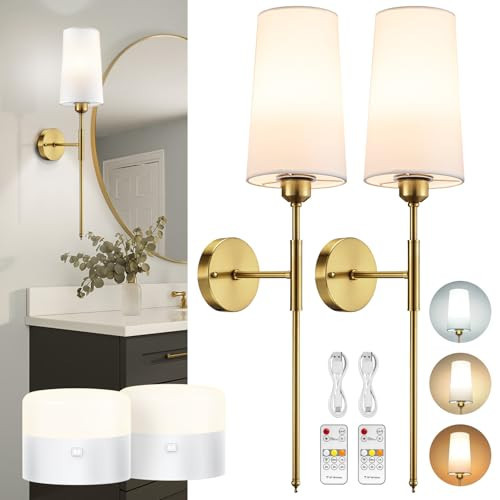 NookNova Battery Operated Wall Sconce Set of 2, 13000MHA Rechargeable Wall Sconce with Remote Dimmable Wireless Battery Powered Wall Lamp Decor Fixture for Bedroom Living Room Fabric Shade Gold+White | Amazon (US)