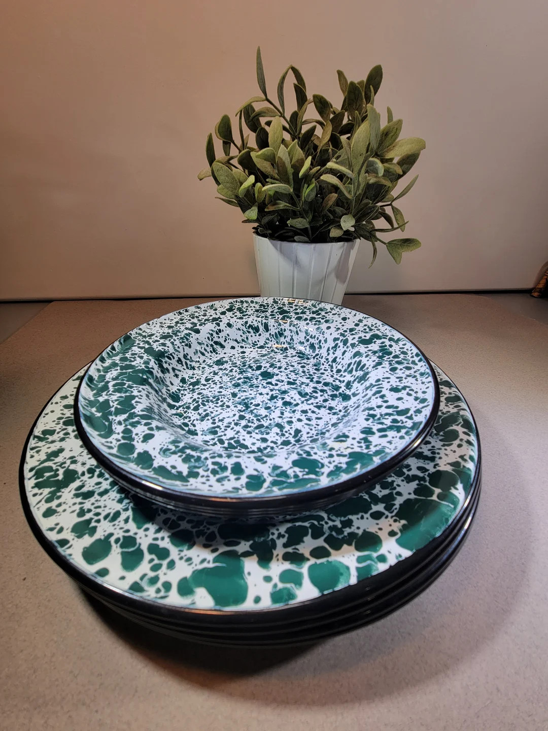 Green and white Enamelware set of dishes, splatter ware with black edge, 4 dinner plates. 4 bowls... | Etsy (US)