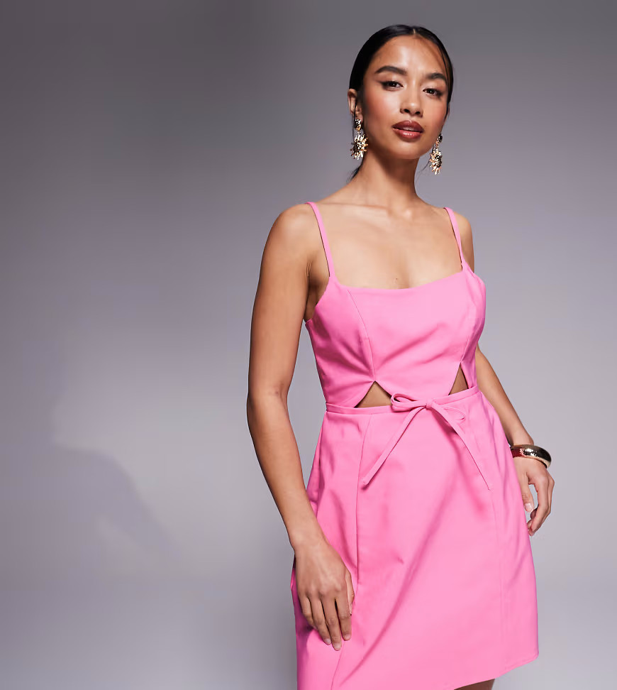 ASOS DESIGN Petite structured cutout mini dress with bow in pink | ASOS (Global)