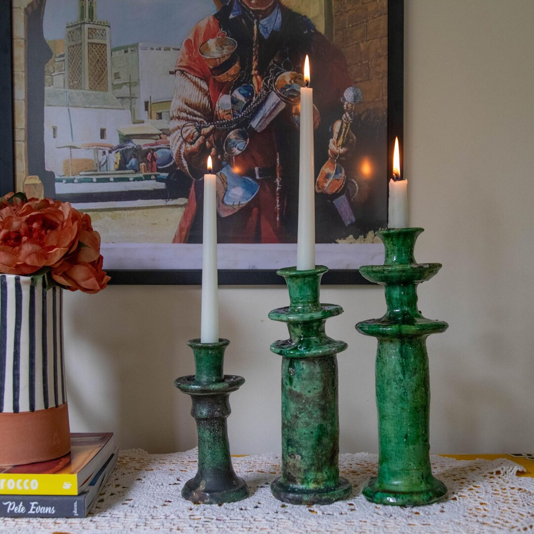 Set of 3 Moroccan Vintage Tamegroute Shaded Green Candlestick Holder Wedding Gift Home Decor - Et... | Etsy (US)