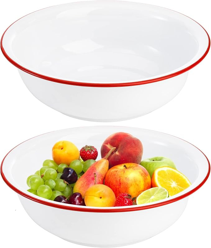 Elsjoy Set of 2 Enamel Bowl, 3 Quart Large Enamel Mixing Bowl White Enamelware with Red Rim, 11 I... | Amazon (US)