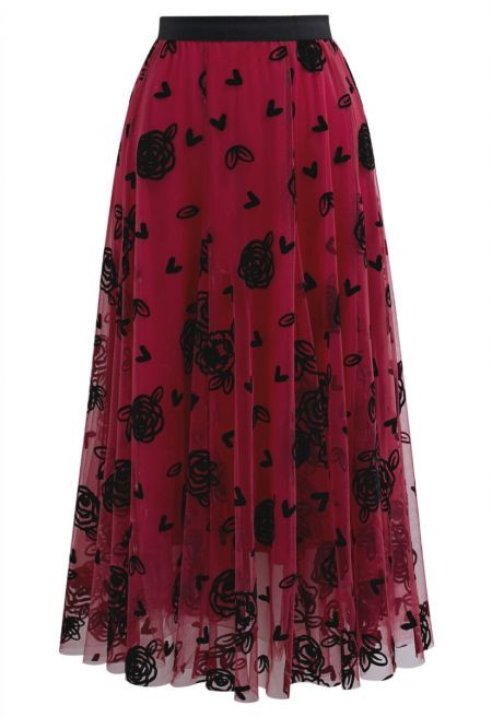 3D Rose and Heart Mesh Midi Skirt in Red | Chicwish