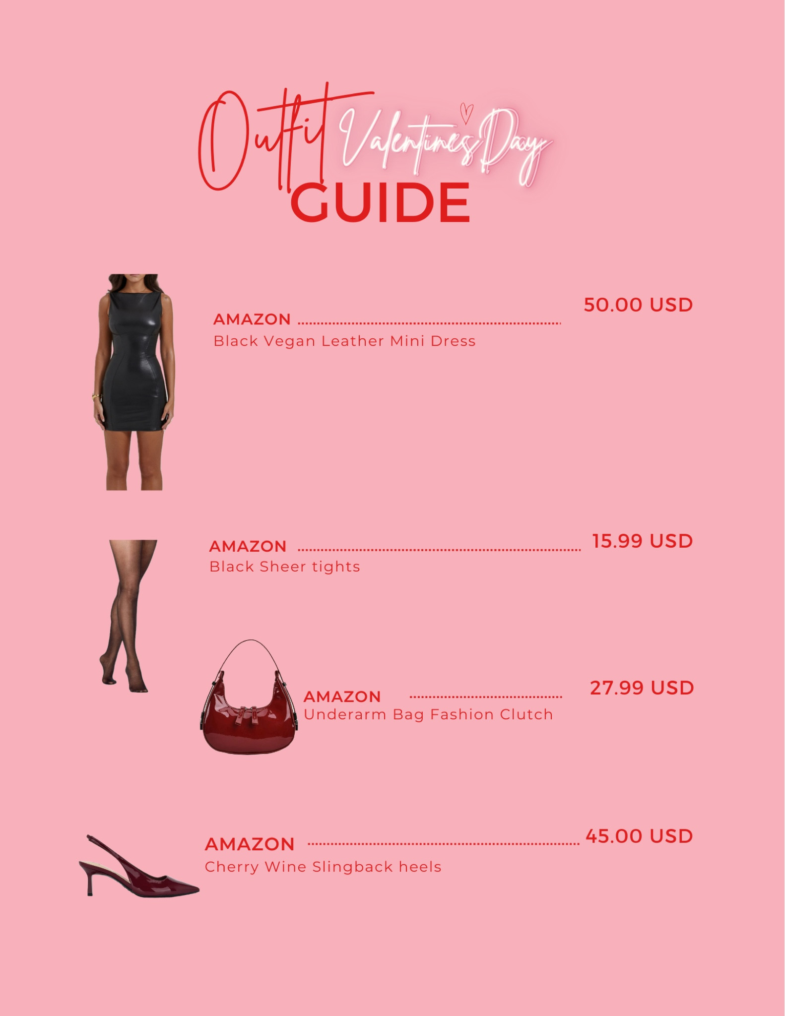 Valentine's Day Date Night Style Guide: 💌👠💋

Elevate your allure with a sleek black leather dress paired effortlessly with sheer black tights for a touch of sophistication. Add a bold statement to your ensemble with a pop of fiery red – choose a chic purse and heels to infuse passion into your Valentine's Day look. Contrast of edgy leather and romantic red for a night of timeless elegance. #LTKVDayStyle 💋🖤🌹
#LTKvalentinesday #LTKdatenight #LTKamazonfinds 