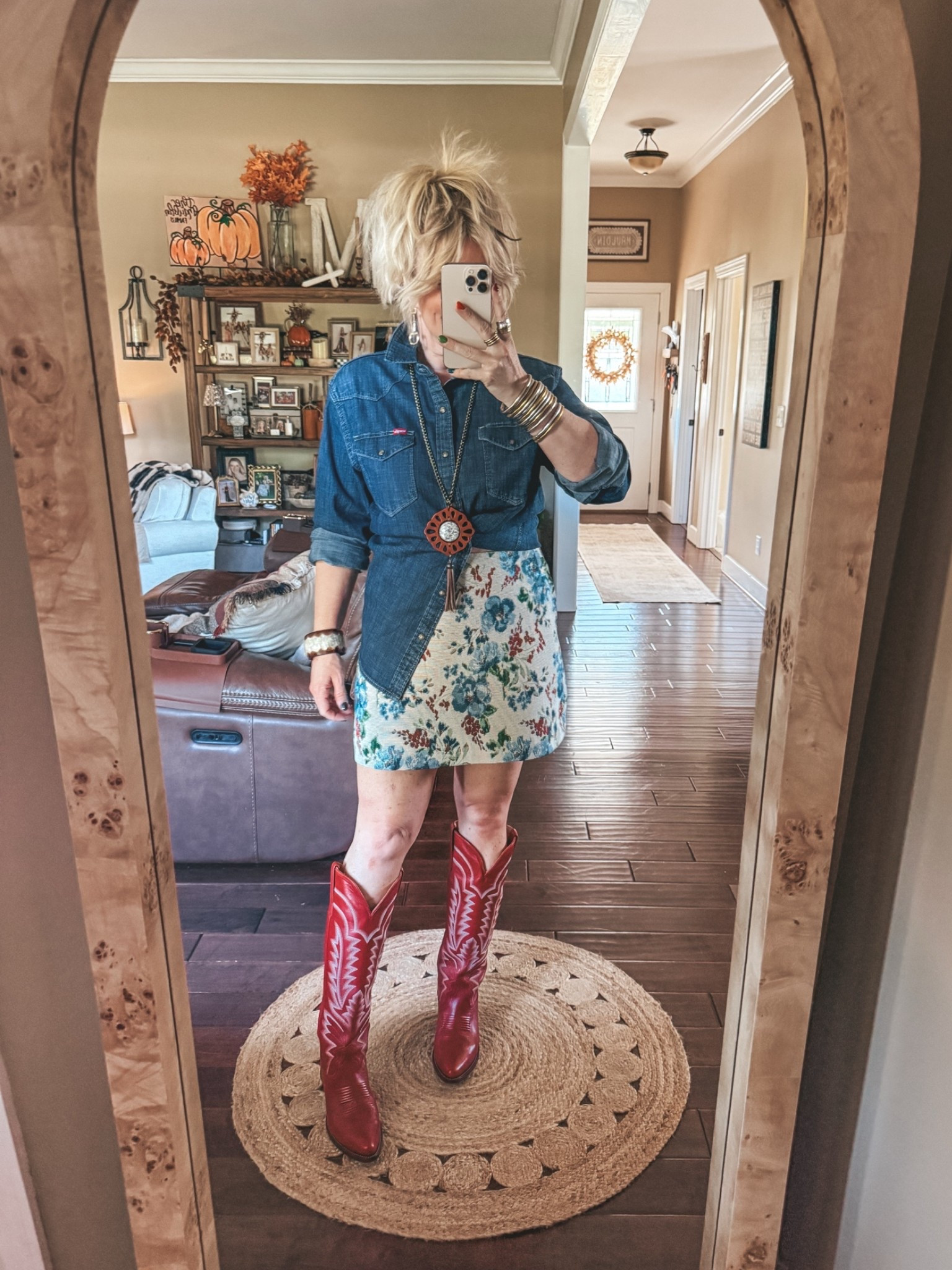 I love this skirt and my wrangler denim button up is a mens. I grabbed it last year and love it! 
Red boots are the best pop to a look too! ♥️🎶🤠
Men’s denim shirt M
Skirt M
Boots true to size 

#countryconcertoutfit

#LTKOver40