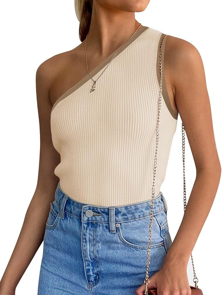 ZESICA Women's One Shoulder Tank Top Summer Sleeveless T Shirt Ribbed Knit Color Block Slim Fit B... | Amazon (US)
