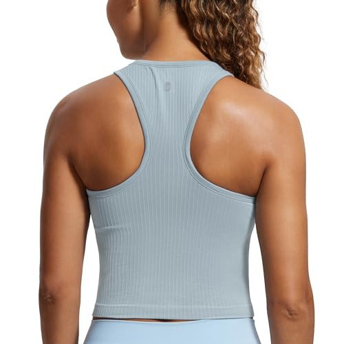CRZ YOGA Seamless Ribbed High Neck Crop Tank Tops for Women - Longline Racerback Padded Sports Bras Cambric Blue X-Large | Amazon (US)