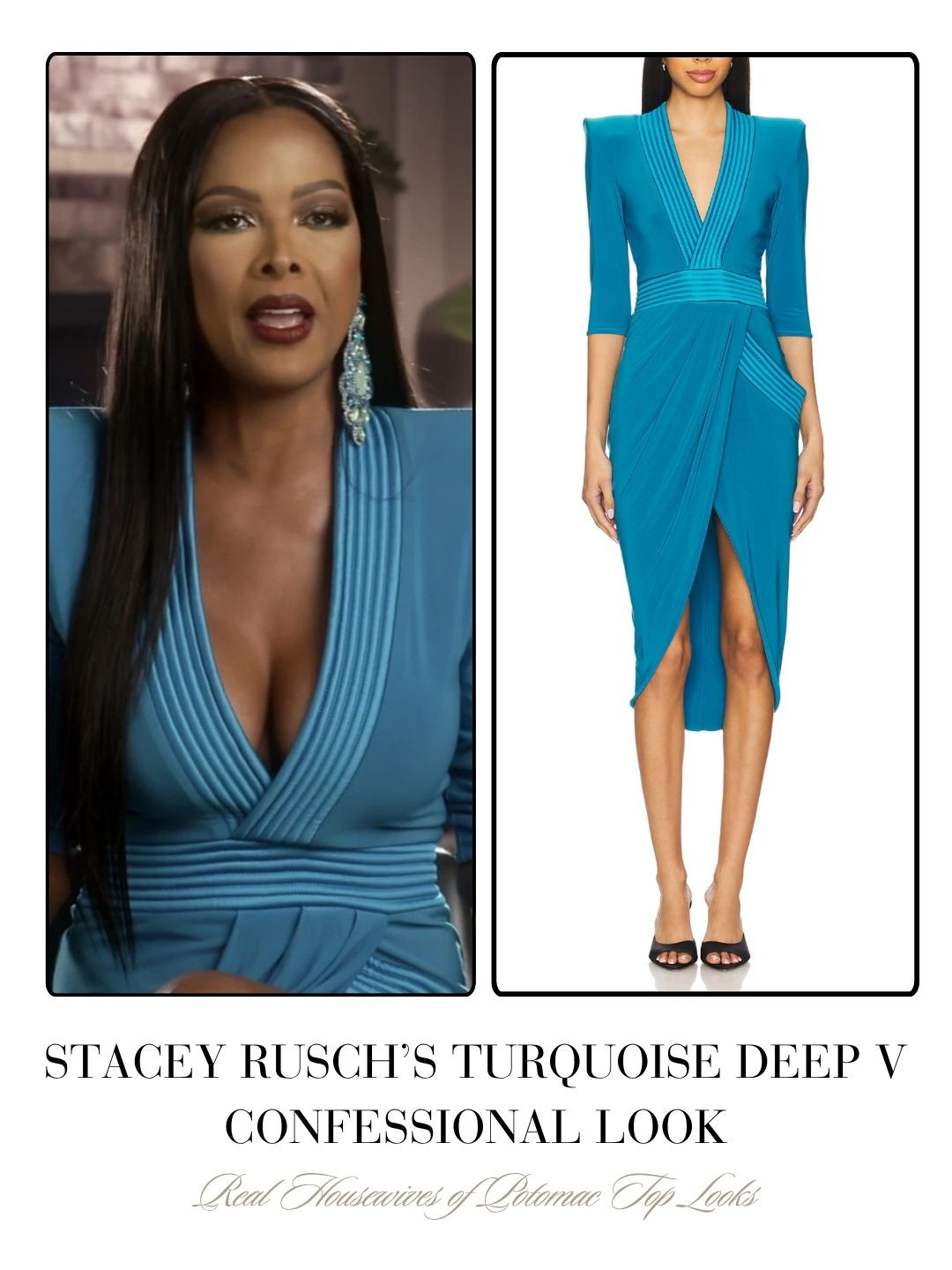 Stacey Rusch’s Turquoise Plunging Confessional Dress