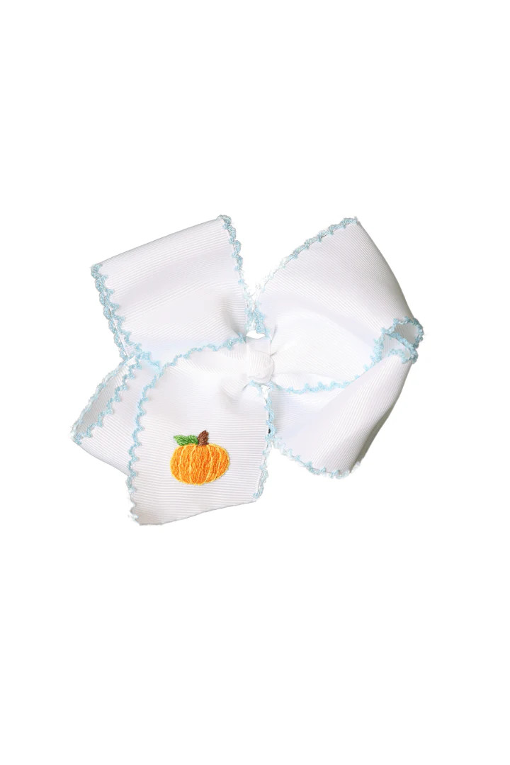 Embroidered Pumpkin Scalloped Edge Grosgrain Bow White/Blue | The Smocked Flamingo