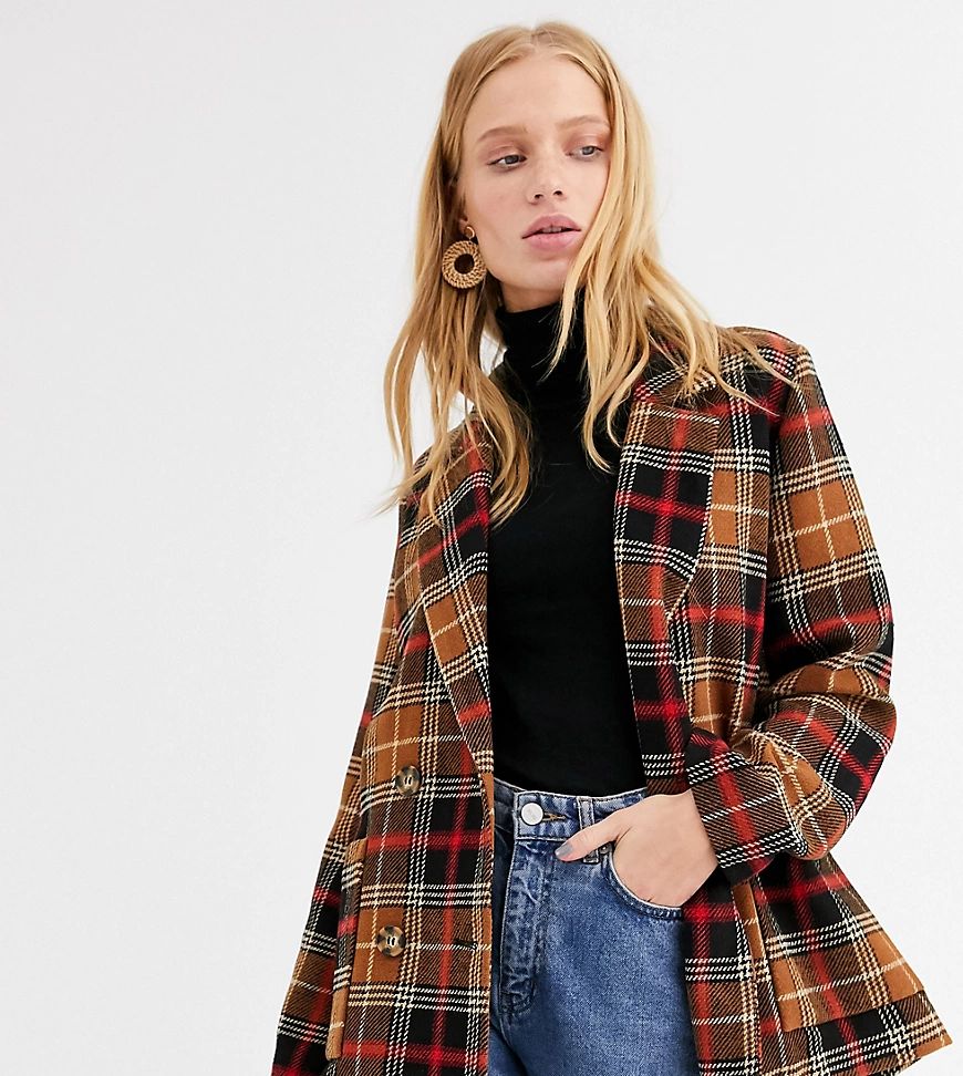 Monki double breasted checked blazer in brown | ASOS (Global)