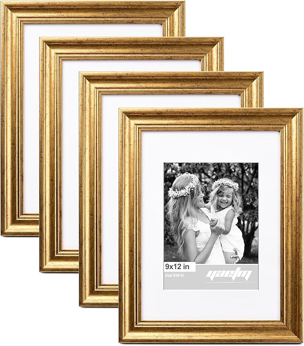 Yaetm Gold 9x12 Picture Frame Matted to 6x8 Set of 4, 1.4” Wide Molding & Rustic Gold Photo Fra... | Amazon (US)