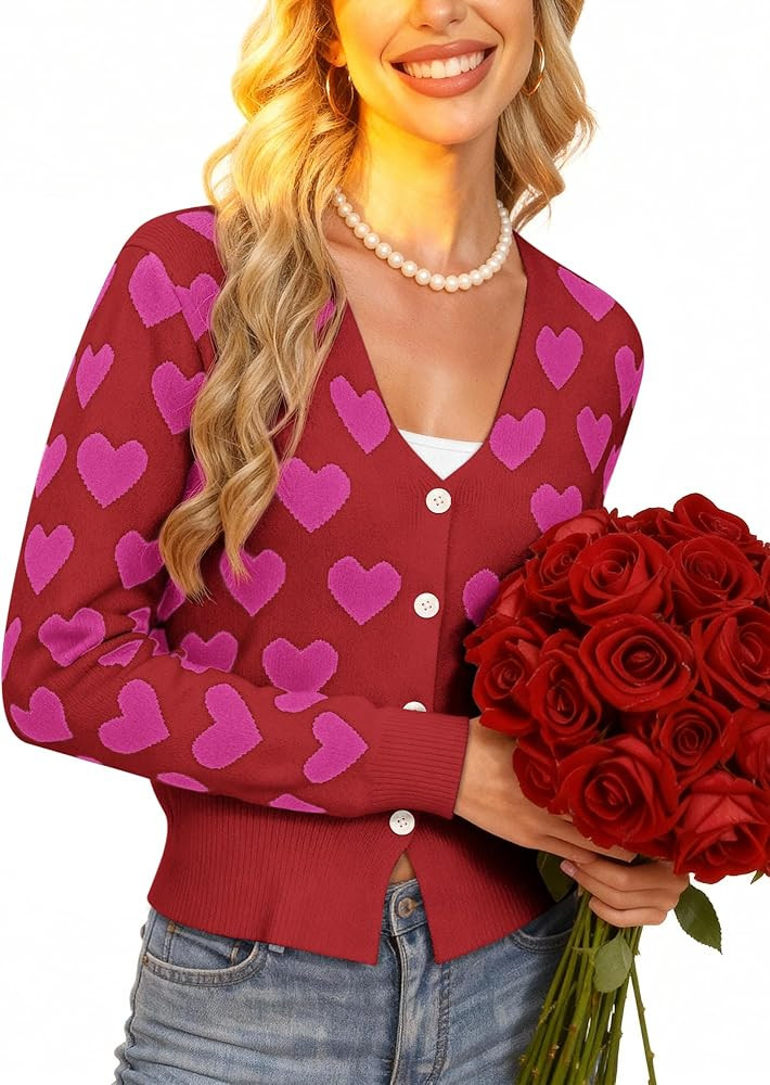 Cardigan Sweaters for Women V Neck Heart Embroidery Long Sleeve Button Down Tops Cozy Knit Crop C... | Amazon (US)