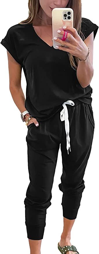 PRETTYGARDEN Women's Two Piece Tracksuit V Neck Short Sleeve Tops Long Pants With Drawstring Outf... | Amazon (US)