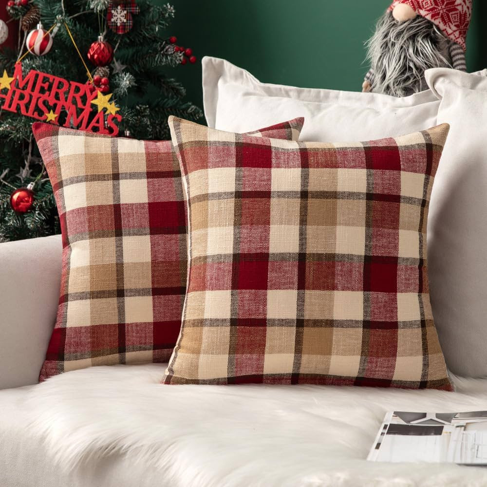MIULEE Pack of 2 Decorative Pillow Covers Check Buffalo Plaids Christmas Pillowcase Tartan Linen Rustic Farmhouse Square for Bench Sofa Couch Car Bedroom Red and Tan 18x18 inch | Amazon (US)
