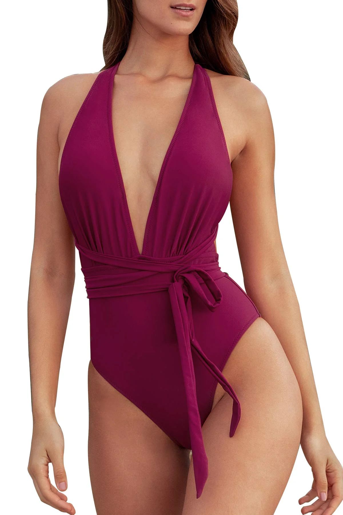 Cupshe Women's Red One Piece Swimsuit Deep V Neck Self Tied Belt Bathing Suit, XS - Walmart.com | Walmart (US)