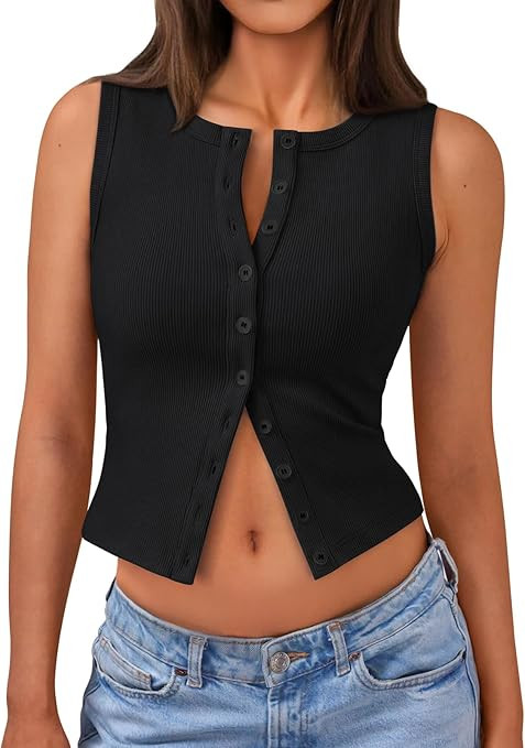 Trendy Queen Womens Going Out Tank Top Ribbed Button Down Sleeveless Vest Crop Spring Beach Vacat... | Amazon (US)