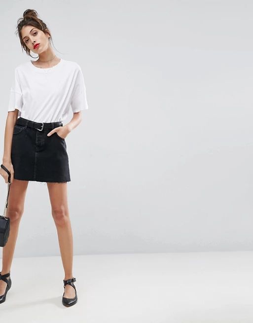 ASOS Denim Mini Skirt With Raw Hem in Washed Black | ASOS UK