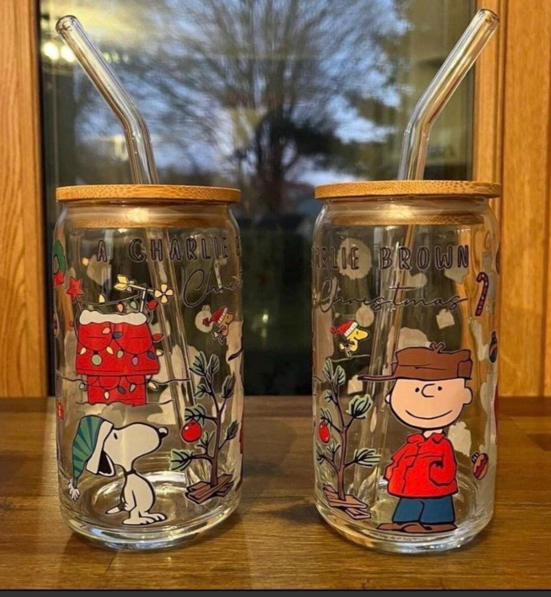 Snoopy with Charlie Brown single reusable  glass cup | Etsy (US)