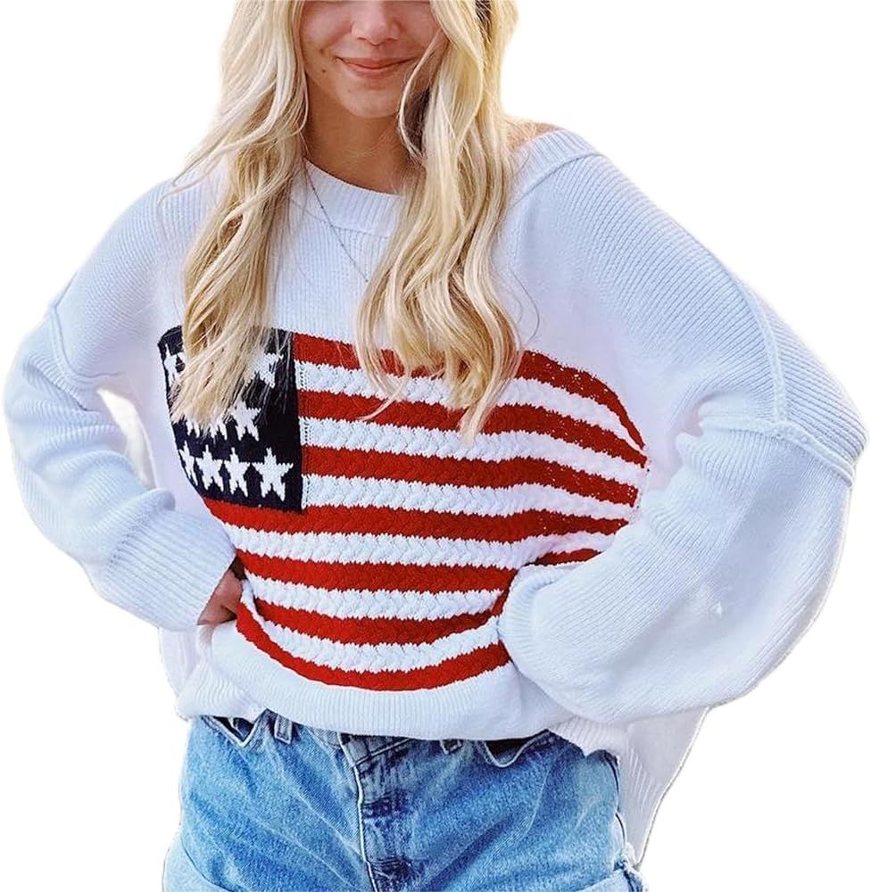 Y2k Vintage Sweater Long Sleeve Crew Neck Loose Knit Pullover American Flag Sweatshirt Preppy Str... | Amazon (US)