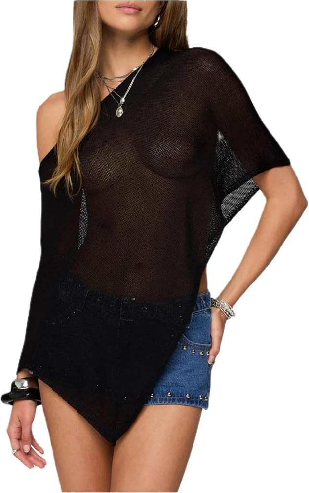 Women Sexy Sheer Cover Ups Solid Color See Through Off Shoulder Shrug Pullover Tops Mesh Knit Pon... | Amazon (US)