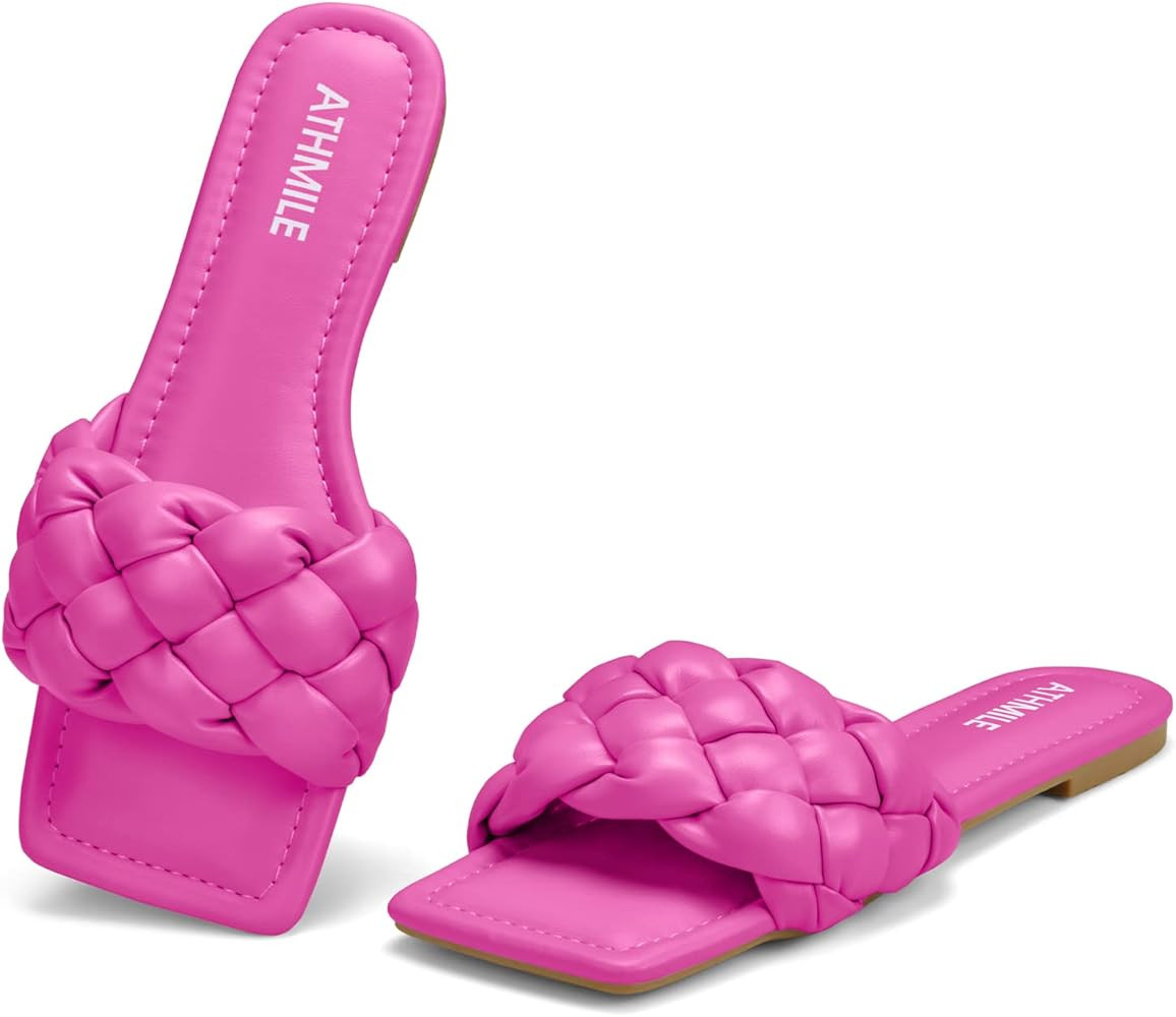 ATHMILE Braided Womens Sandals Square Open Toe Fashion Slide Sandals Women Dressy Summer Flat Bea... | Amazon (US)